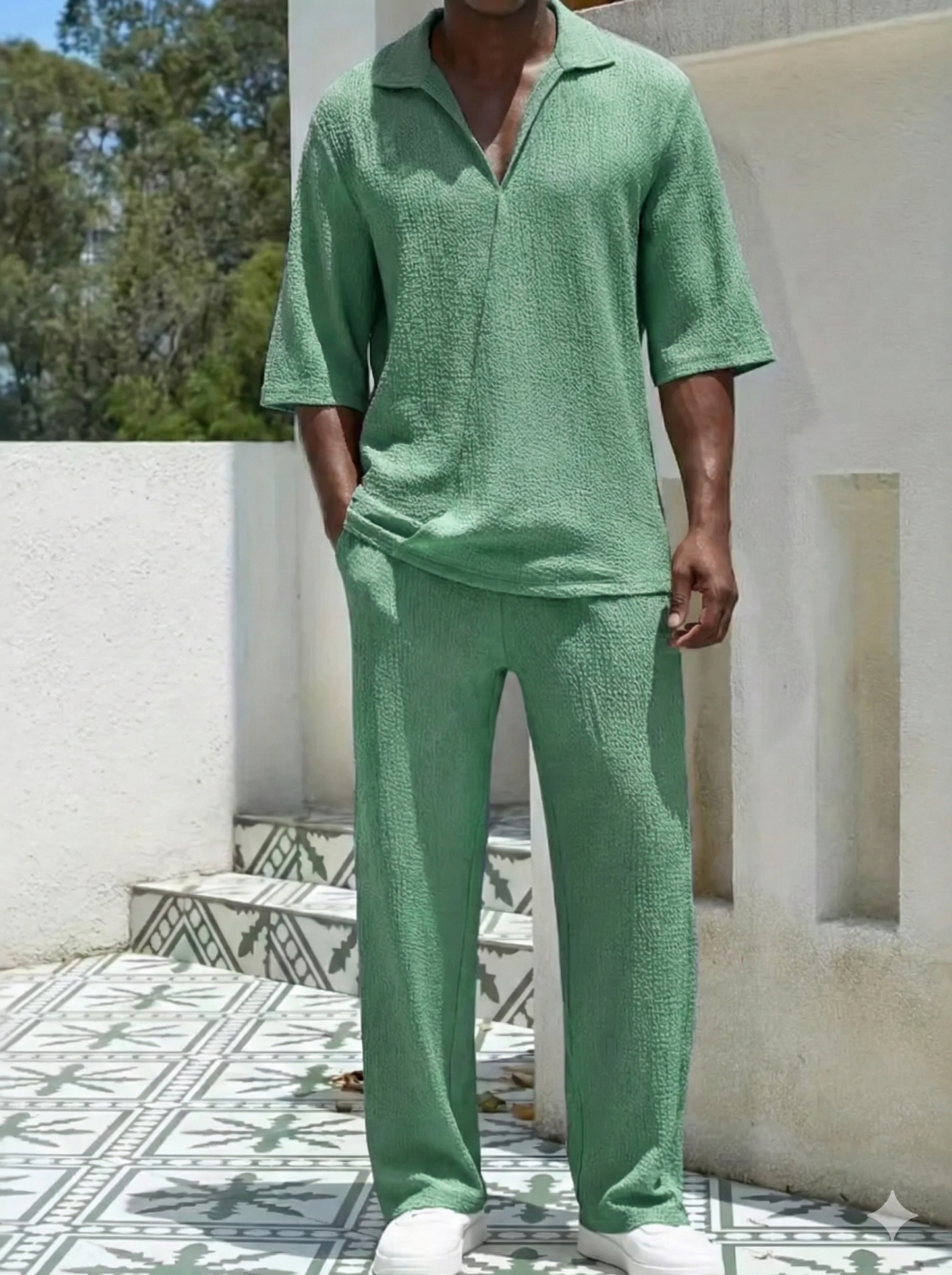 Men's Johnny Collar Half Sleeve Top and Pants Set