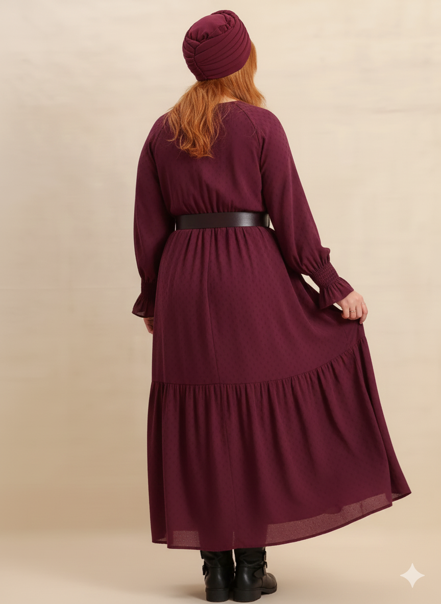 Swiss Dot Tie Neck Flounce Sleeve Maxi Dress - Plus Size