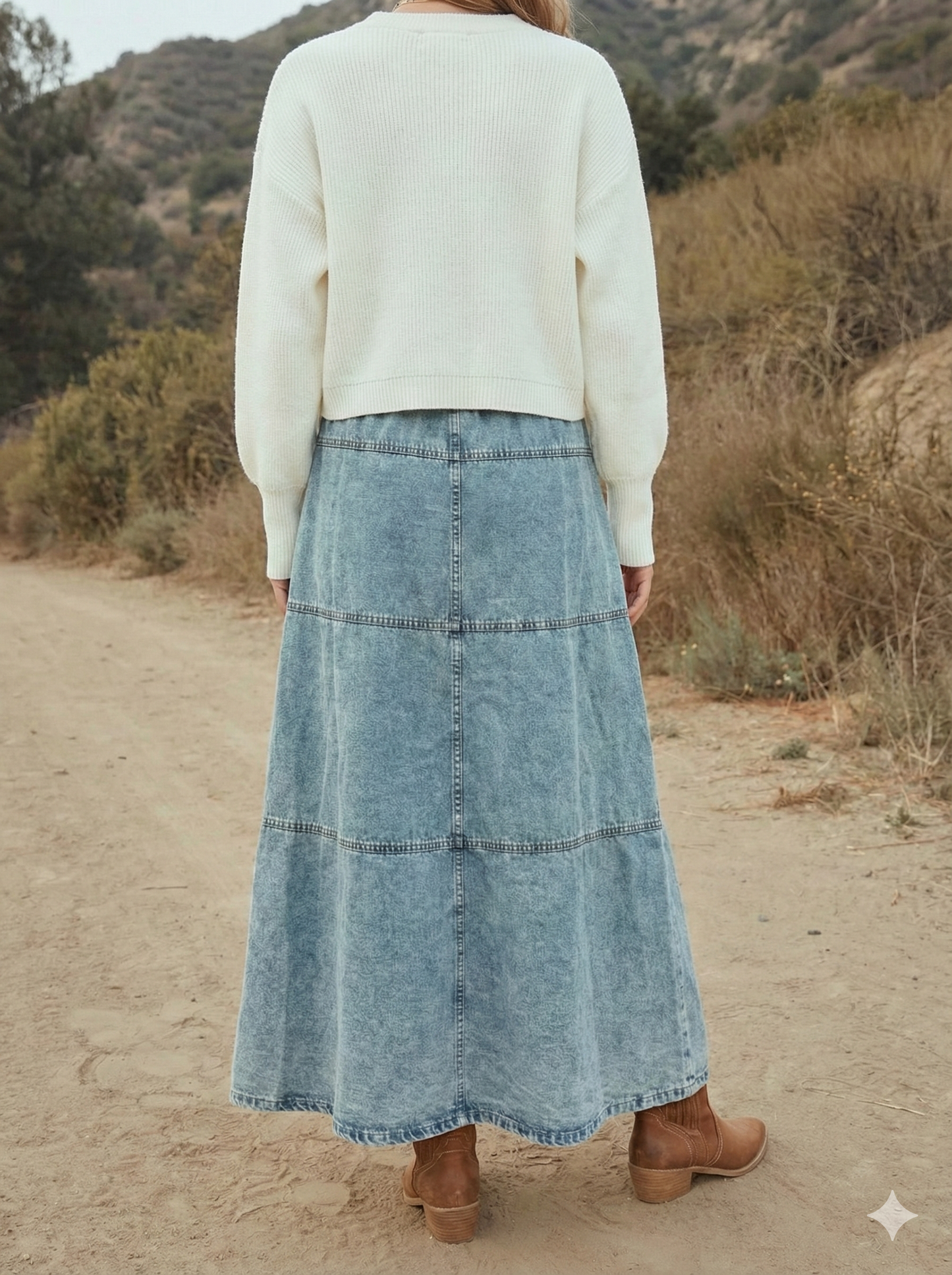 Button-Front Tiered Maxi Denim Skirt