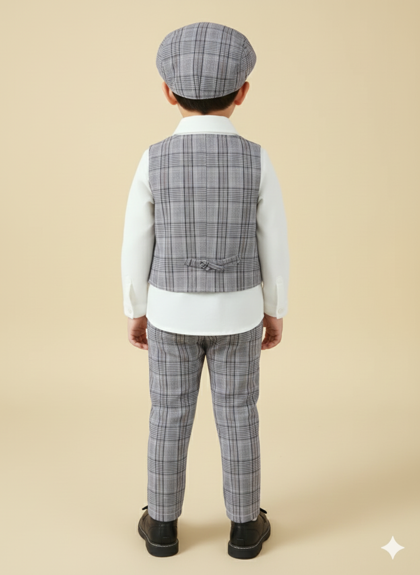 Boy's Hat, Long Sleeve Shirt, Plaid Vest and Pants 4-Piece Set