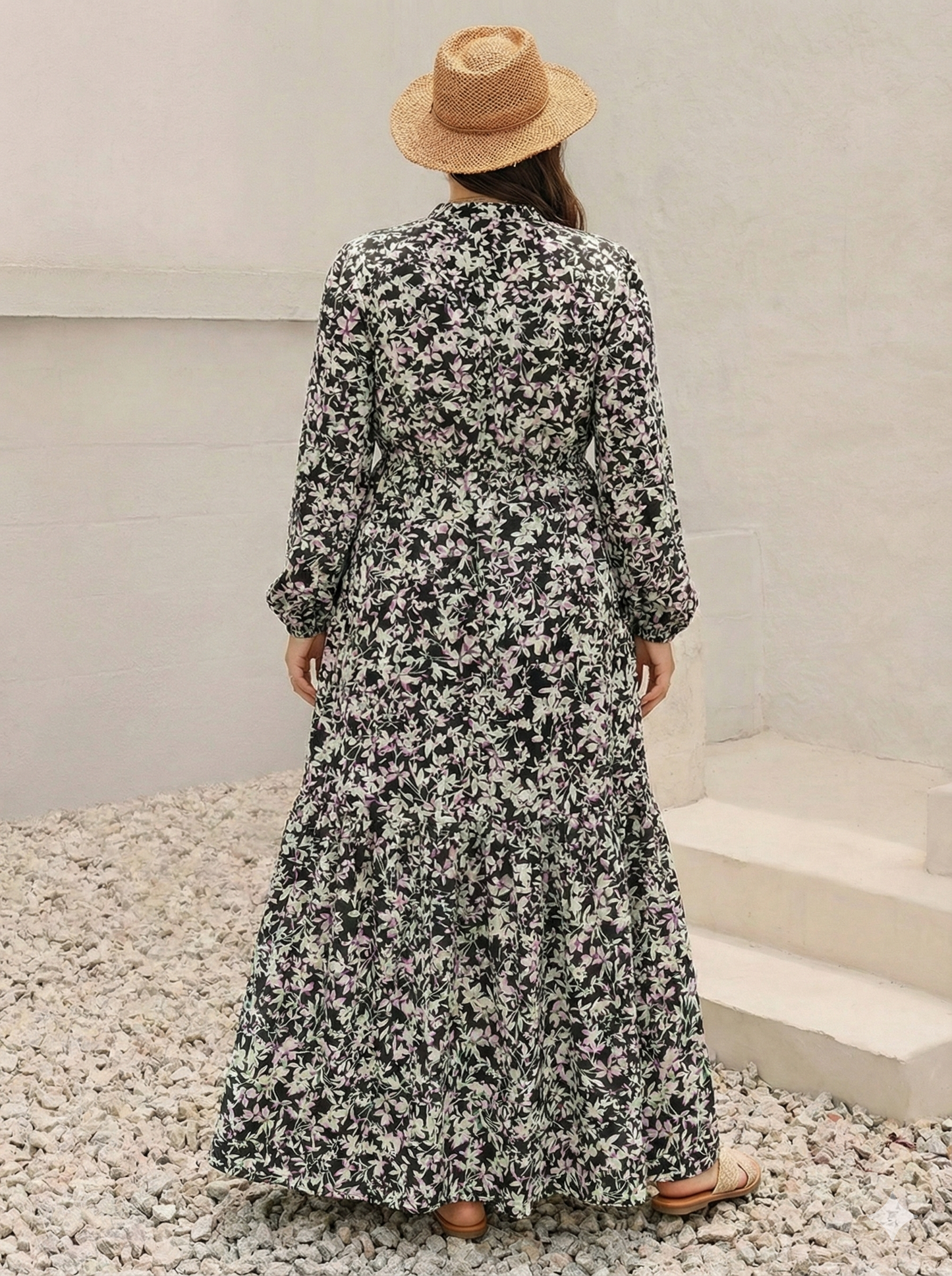 Floral Print Long Sleeve Tiered Maxi Dress - Plus Size