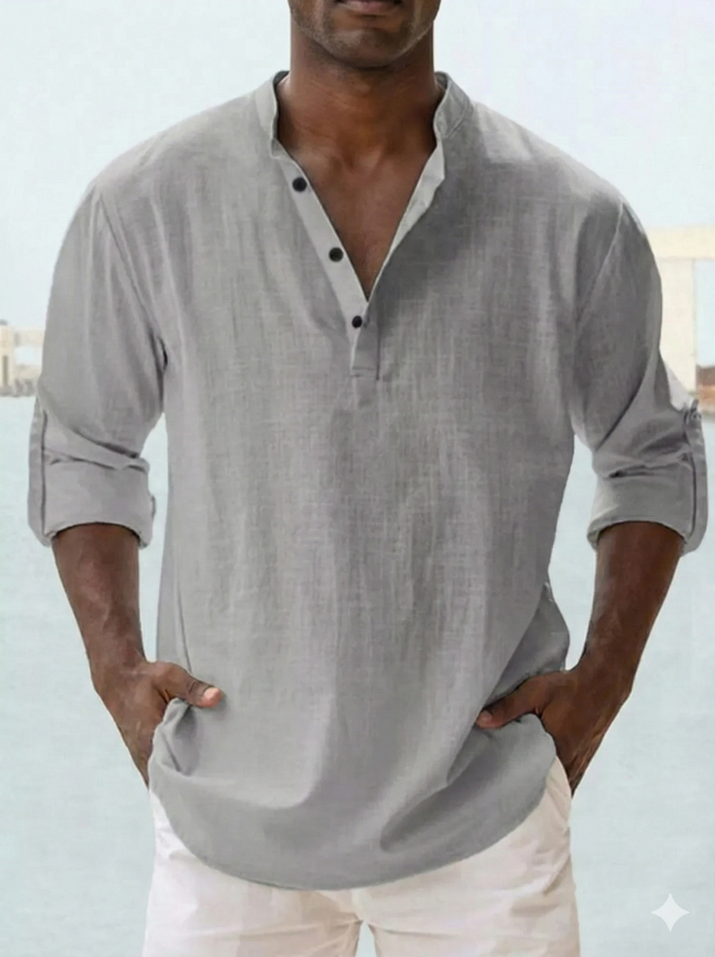 Men's Full Size Casual Button Detail Roll-Up Sleeved Shirt