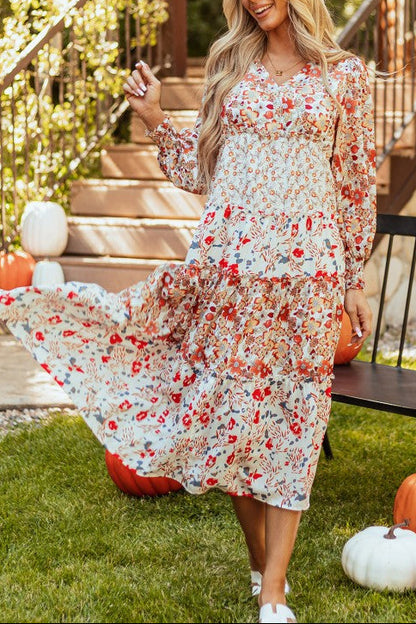Floral V-Neck Ruffle Long Sleeve Midi Dress