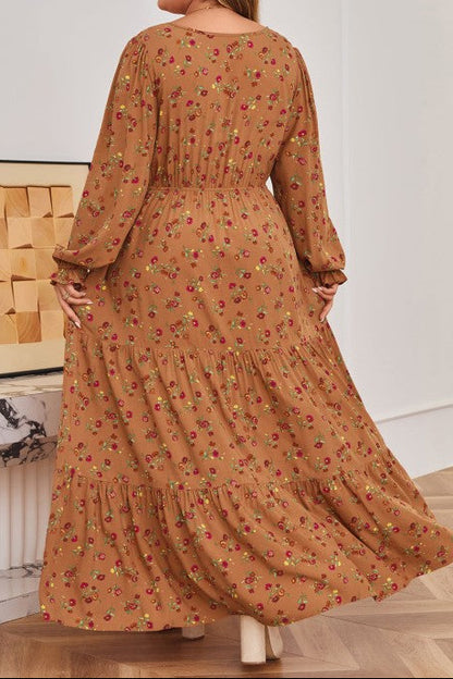 Floral V-Neck Ruffle Sleeve Tiered Dress - Plus Size