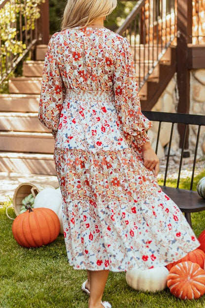 Floral V-Neck Ruffle Long Sleeve Midi Dress