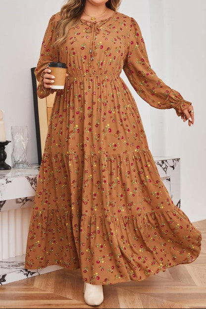 Floral V-Neck Ruffle Sleeve Tiered Dress - Plus Size