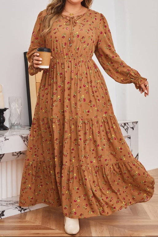 Floral V-Neck Ruffle Sleeve Tiered Dress - Plus Size