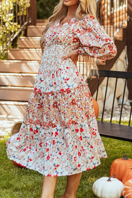 Floral V-Neck Ruffle Long Sleeve Midi Dress