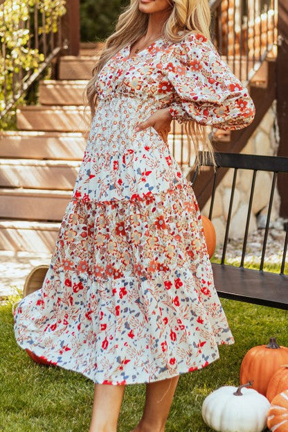 Floral V-Neck Ruffle Long Sleeve Midi Dress