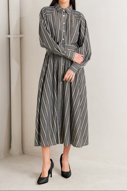 Stripped Long Sleeved Buttoned Midi Dress