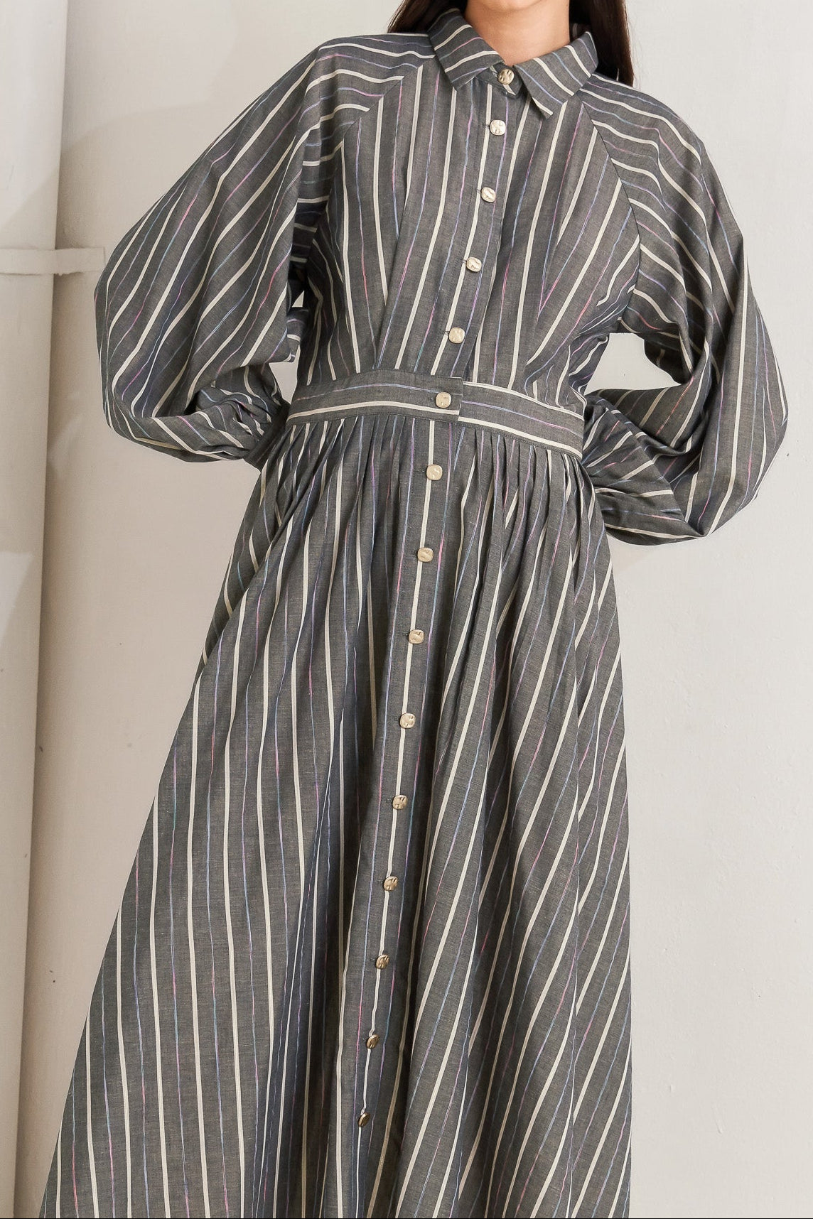 Stripped Long Sleeved Buttoned Midi Dress