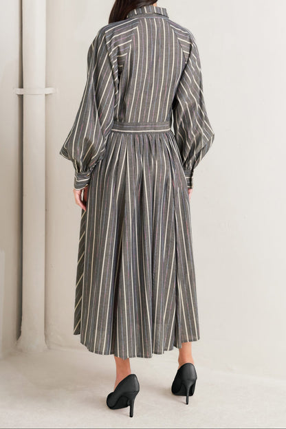 Stripped Long Sleeved Buttoned Midi Dress