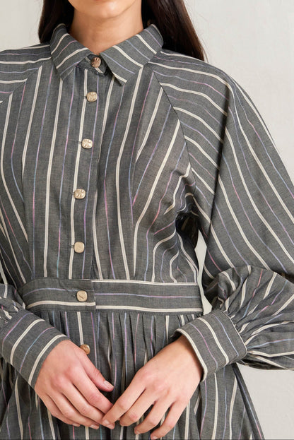 Stripped Long Sleeved Buttoned Midi Dress