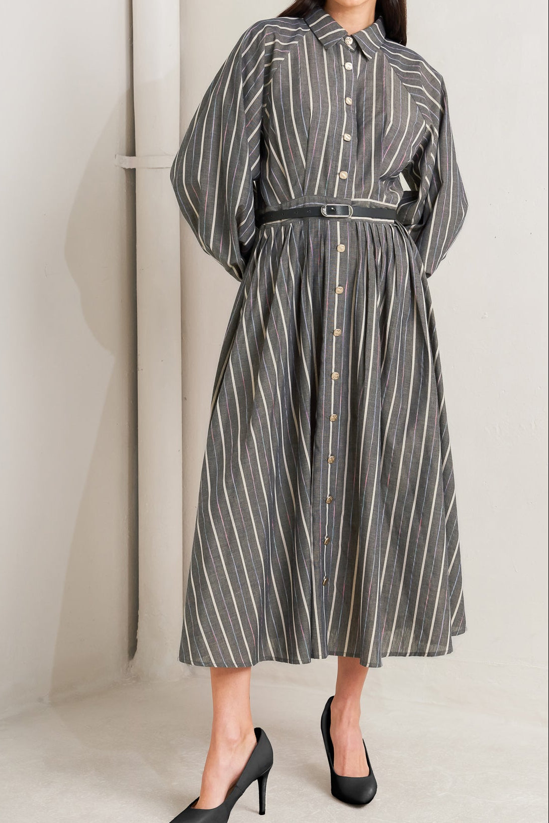 Stripped Long Sleeved Buttoned Midi Dress