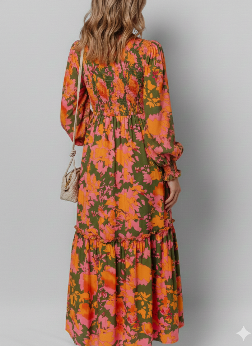 Smocked Floral Print Long Sleeve Maxi Dress
