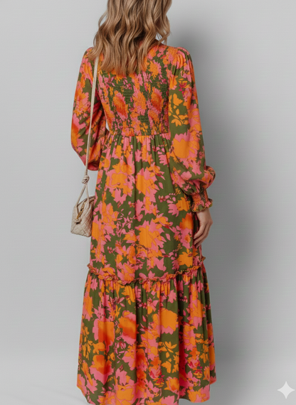 Smocked Floral Print Long Sleeve Maxi Dress
