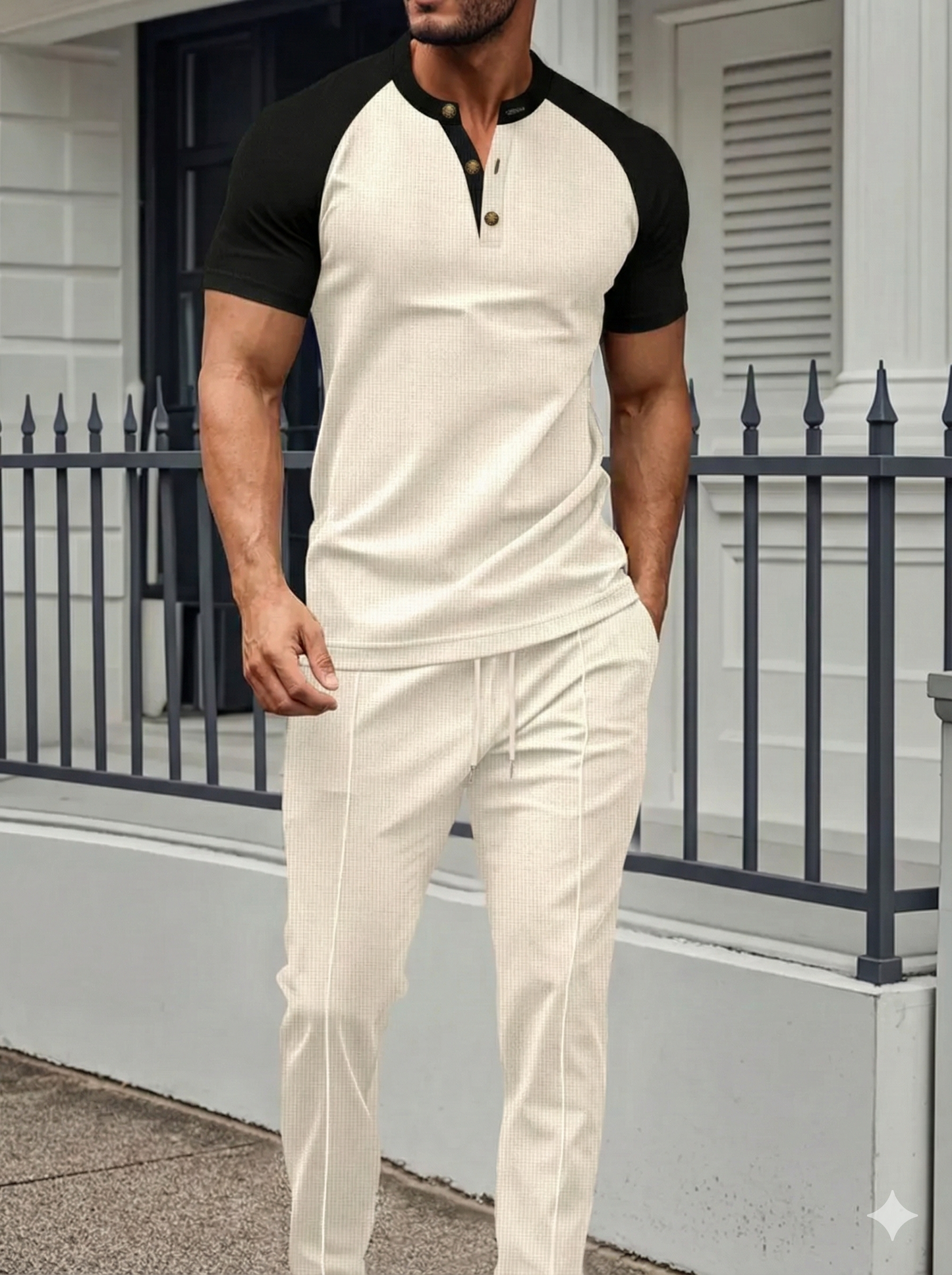 Men's Full Size Waffle-Knit Contrast Top and Drawstring Pants Set
