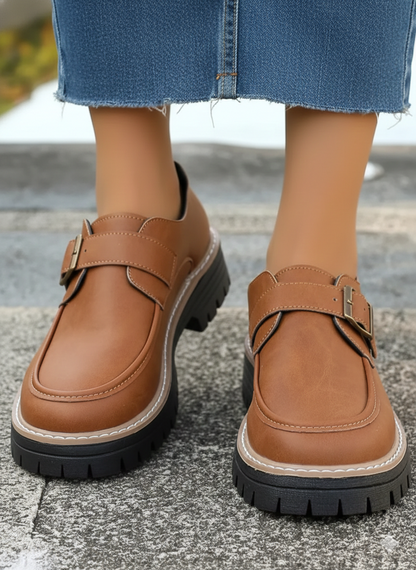 Faux Leather Round Toe Buckle Loafers