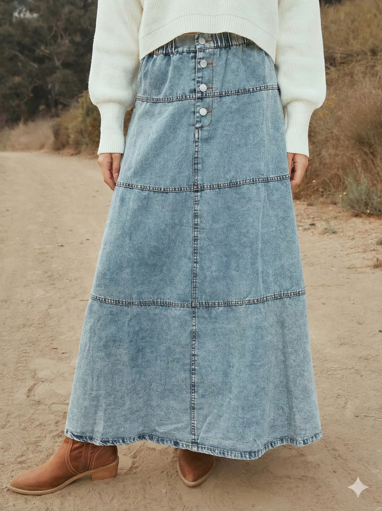 Button-Front Tiered Maxi Denim Skirt