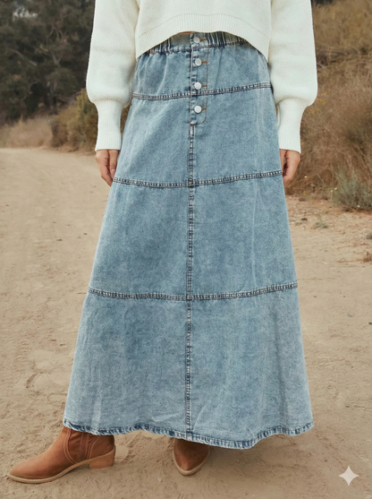 Button-Front Tiered Maxi Denim Skirt
