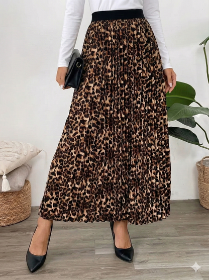 Perfee Pleated Leopard Maxi Skirt