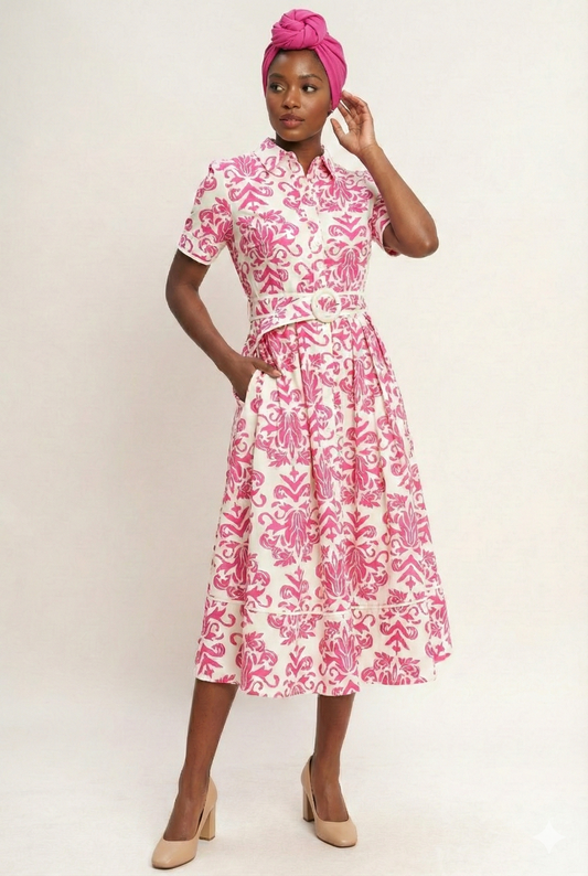 Blossom Print Belted Midi Dress
