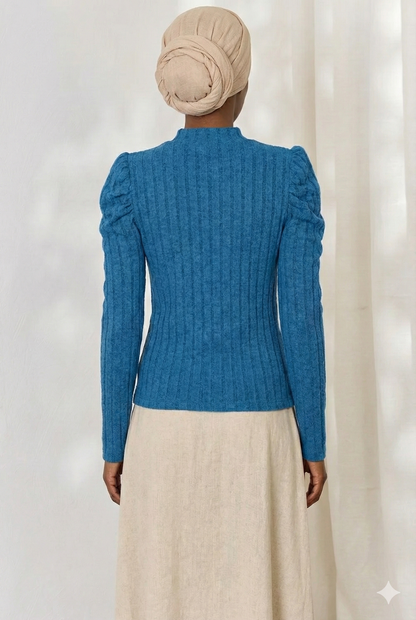 Ribbed Mock Neck Puff Sleeve Shirt