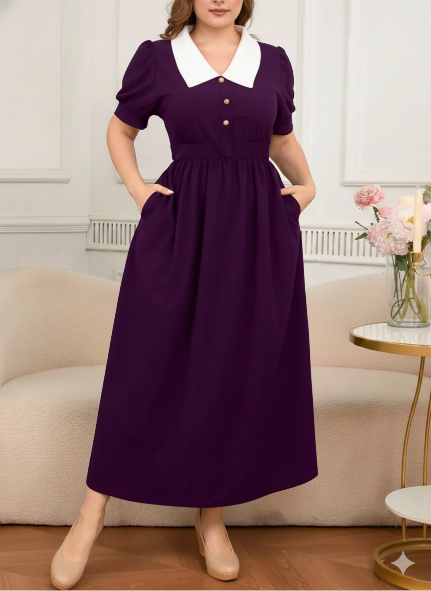 Contrast Collar Short Sleeve Dress - Plus Size