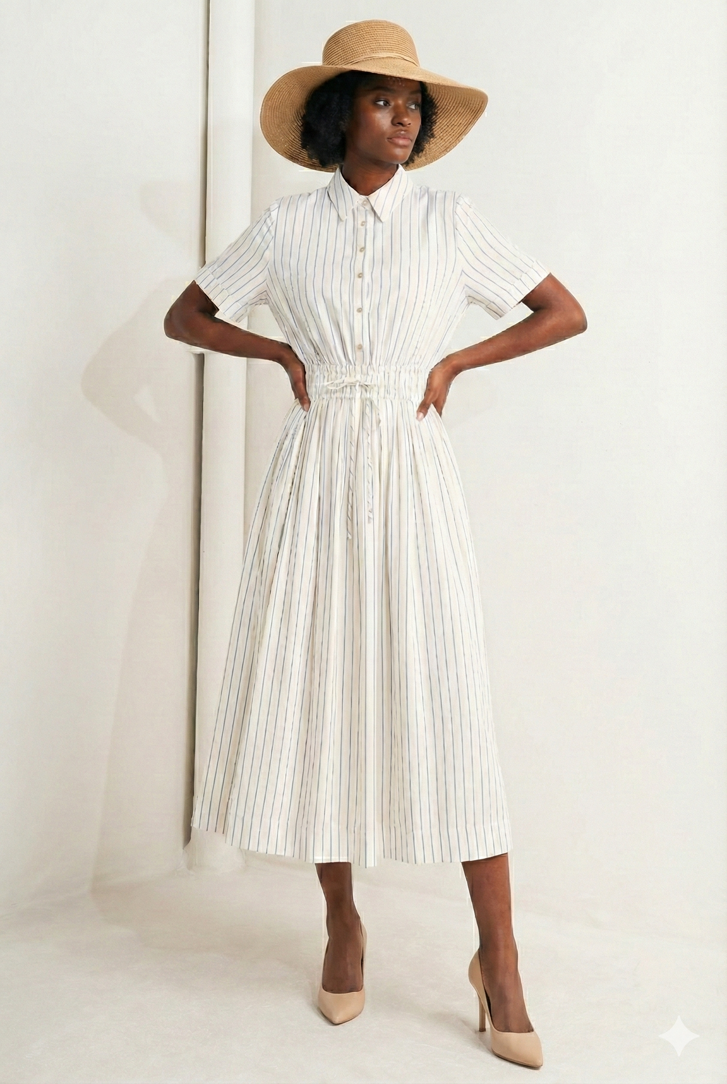 Pin Striped Elastic Waist Midi Dress