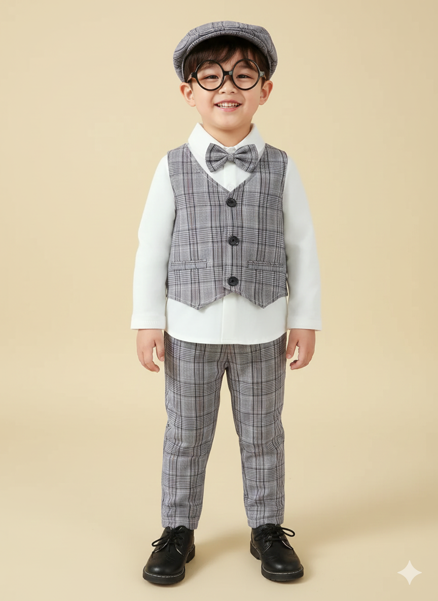 Boy's Hat, Long Sleeve Shirt, Plaid Vest and Pants 4-Piece Set
