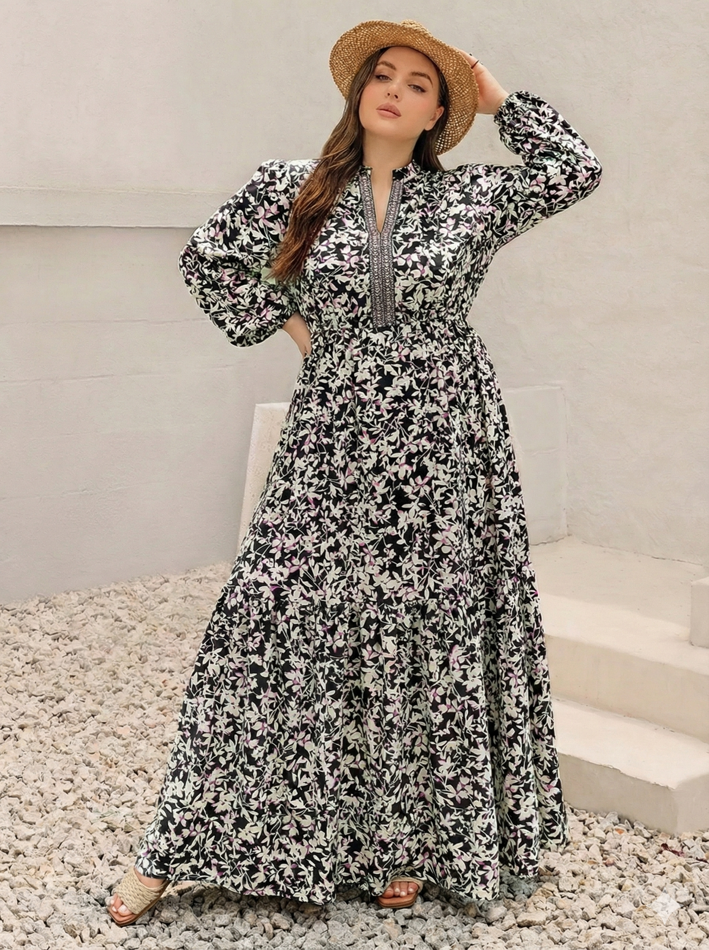 Floral Print Long Sleeve Tiered Maxi Dress - Plus Size