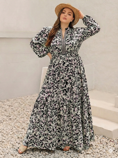 Floral Print Long Sleeve Tiered Maxi Dress - Plus Size