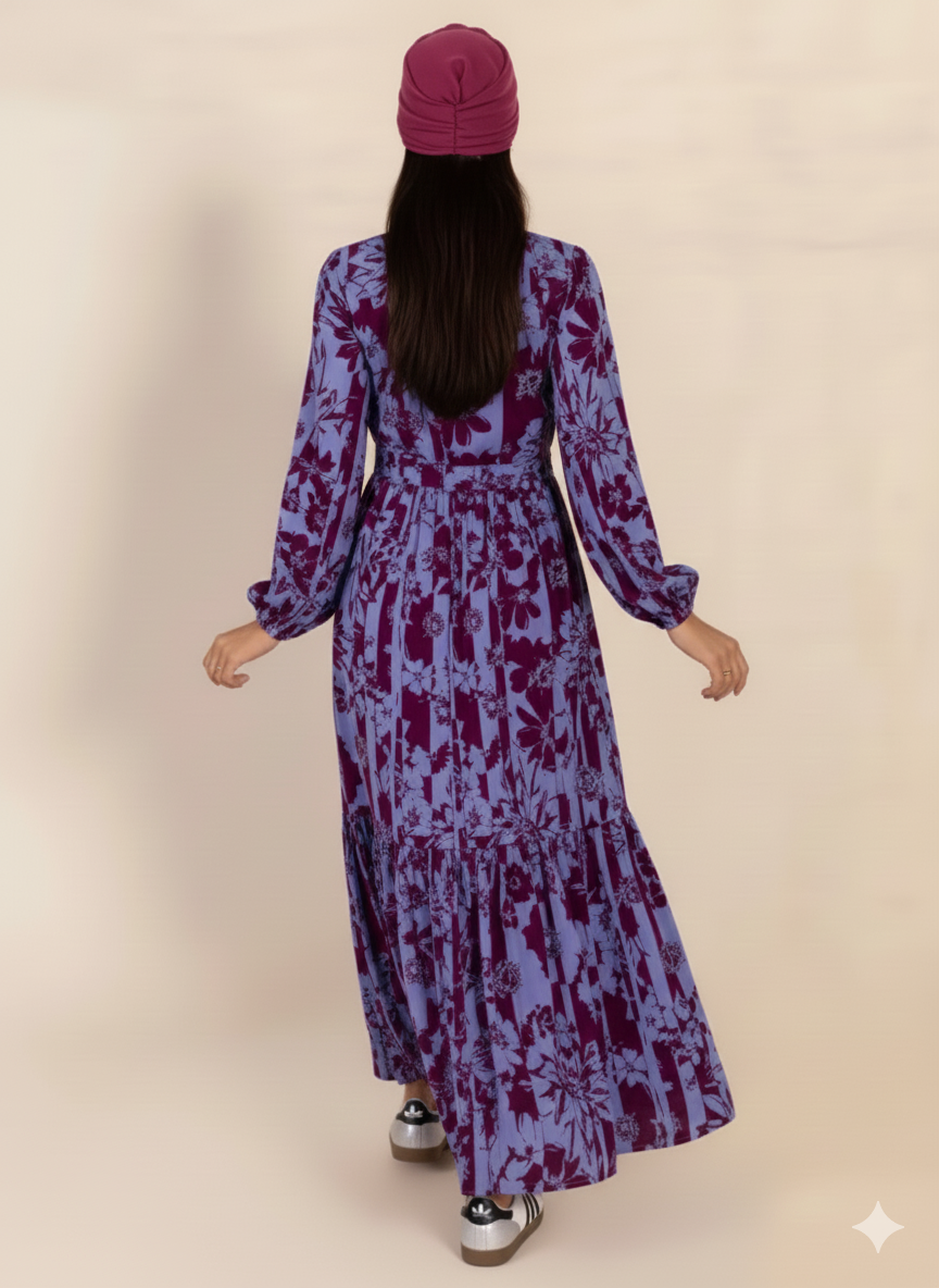 Tie Neck Balloon Sleeve Maxi Dress - Printed