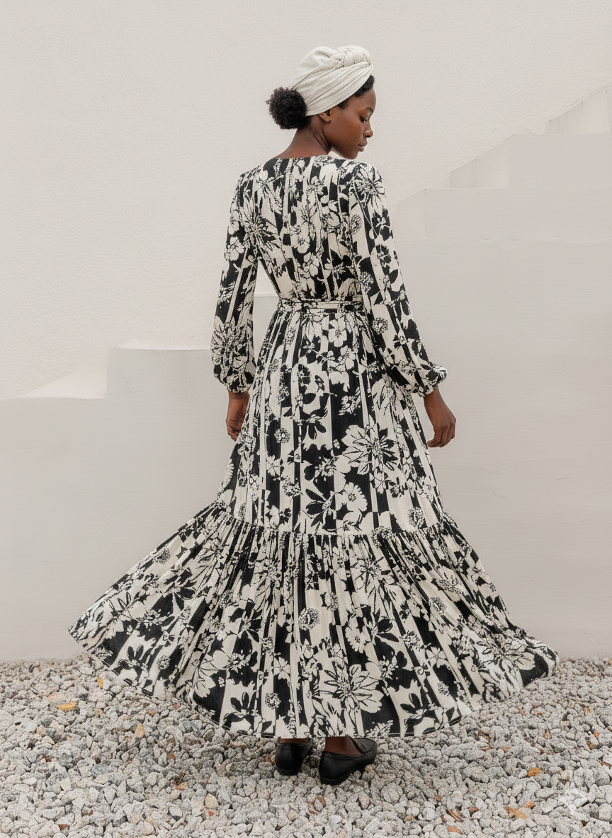 Smocked Printed Tie Neck Long Sleeve Dress