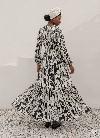 Smocked Printed Tie Neck Long Sleeve Dress