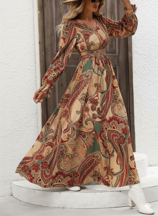 Smocked Printed V-Neck Flounce Sleeve Dress