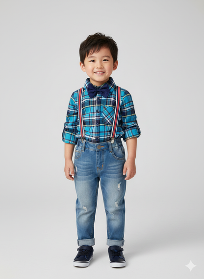 Boy's Plaid Shirt & Distressed Jeans with Suspenders Set