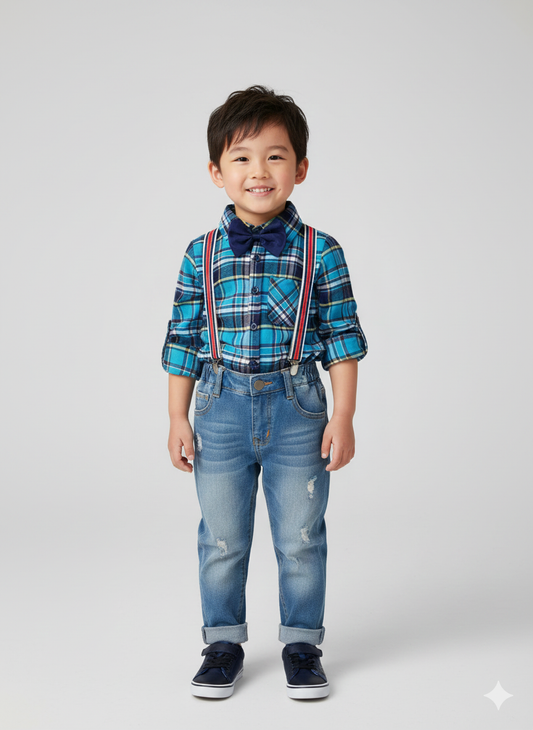 Boy's Plaid Shirt & Distressed Jeans with Suspenders Set