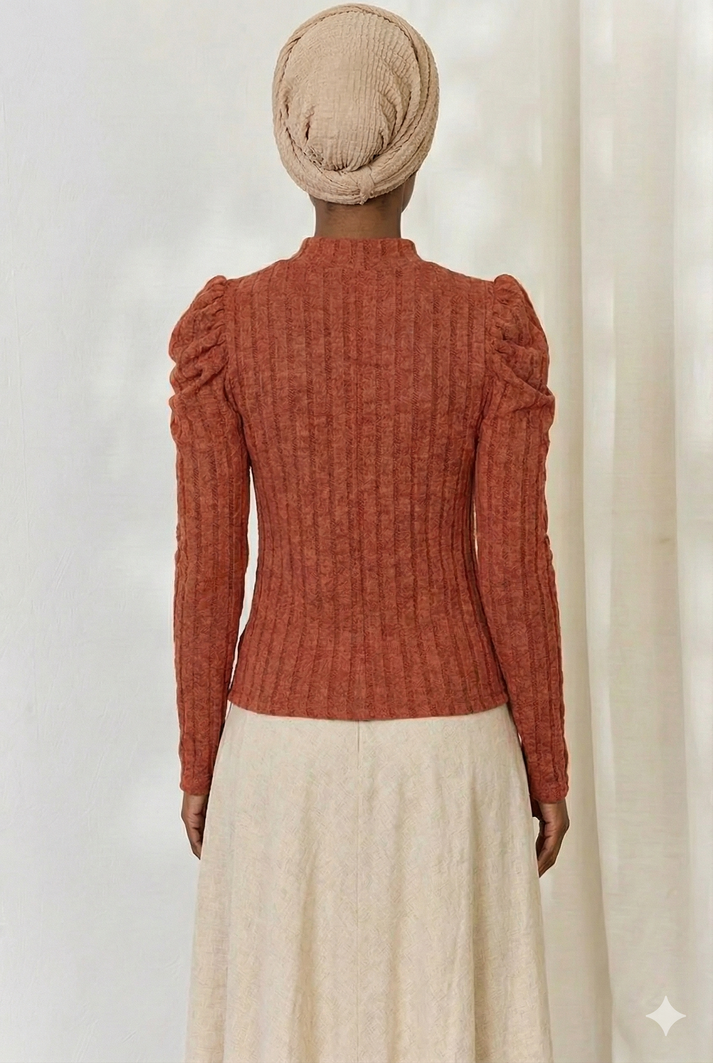 Ribbed Mock Neck Puff Sleeve Shirt