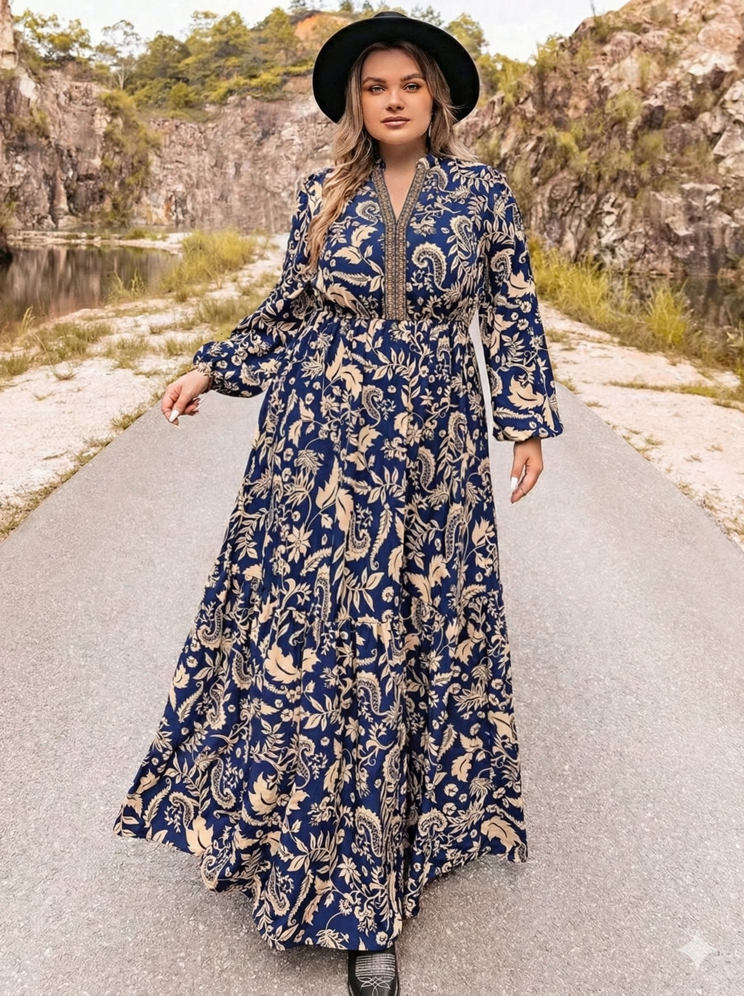 Floral Print Long Sleeve Maxi Dress - Plus Size