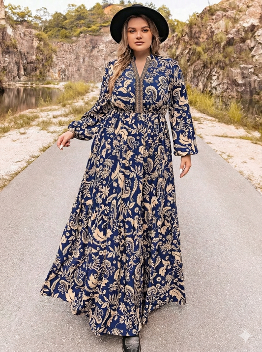 Floral Print Long Sleeve Maxi Dress - Plus Size