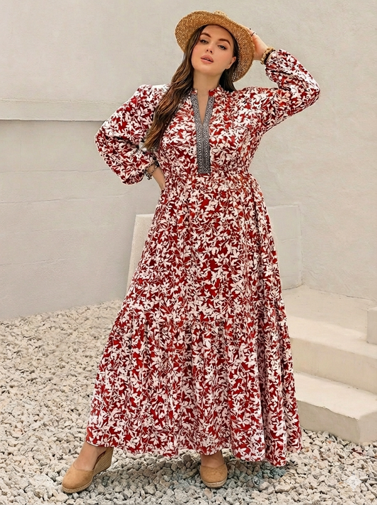 Floral Print Long Sleeve Maxi Dress - Plus Size