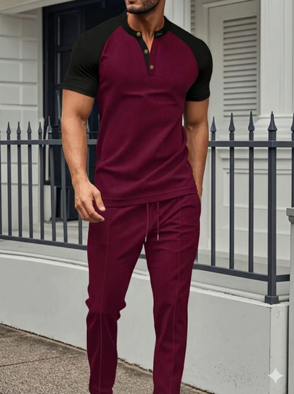 Men's Full Size Waffle-Knit Contrast Top and Drawstring Pants Set