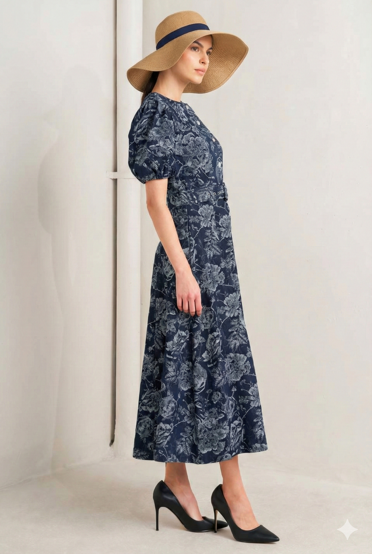 Floral Etched Denim Midi Dress