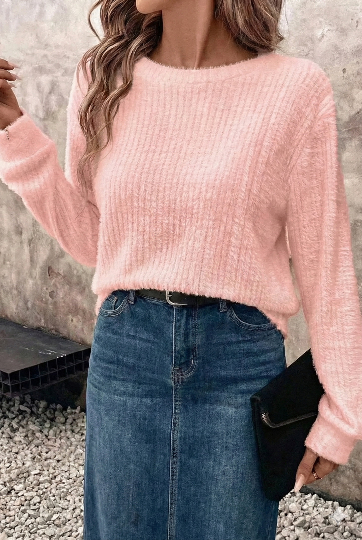 Fuzzy Ribbed Texture Round Neck Long Sleeve Top