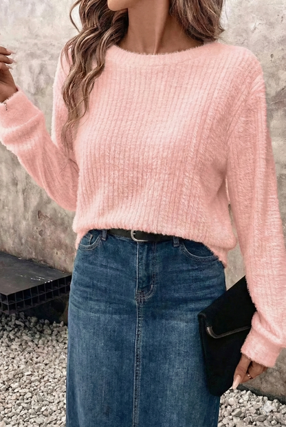 Fuzzy Ribbed Texture Round Neck Long Sleeve Top