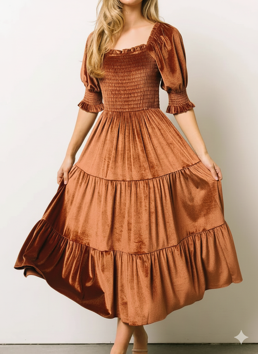 Velvet Smocked Tiered Midi Dress