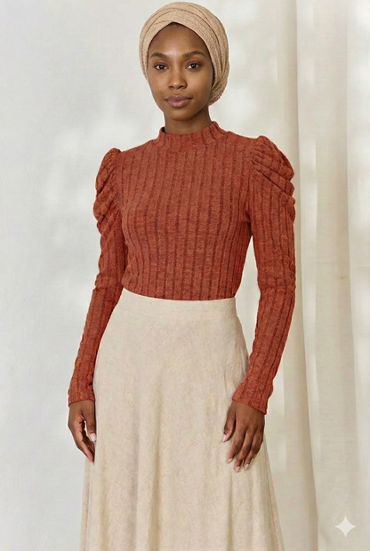 Ribbed Mock Neck Puff Sleeve Shirt