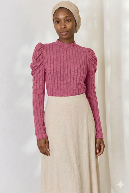 Ribbed Mock Neck Puff Sleeve Shirt