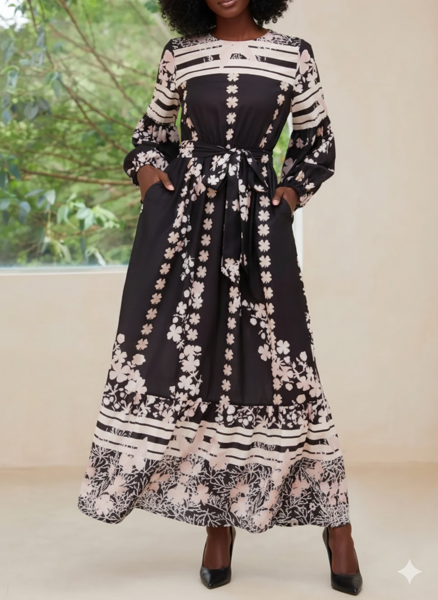 Printed Round Neck Long Sleeve Maxi Dress with Pockets - Printed